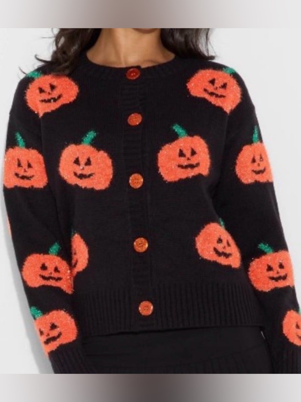 33 Degrees Women's Black Pumpkin Halloween V-Neck Button-Front Sweater <<<451>>>